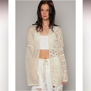 POL Contrasting Pattern Knitted Open Front Cardigan In Natural • Medium